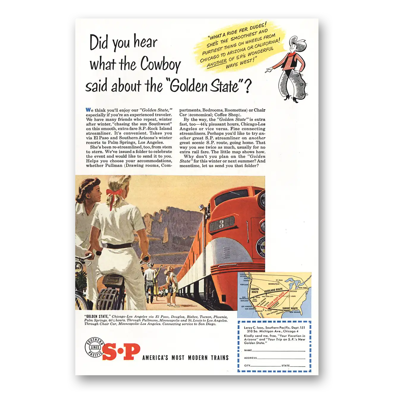 1951 Southern Pacific Cowboy Said About Golden State Vintage Magazine Print Ad