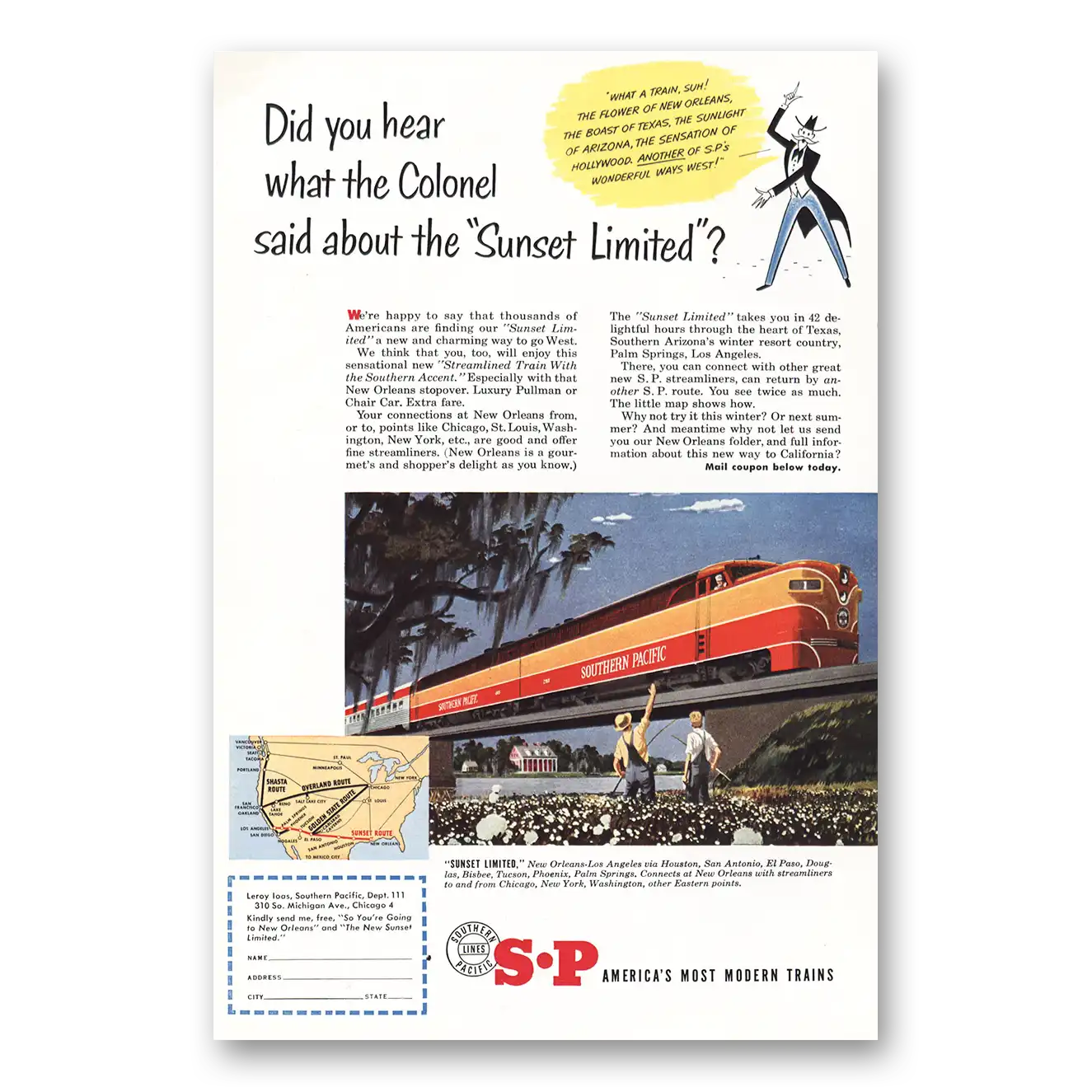 1951 Southern Pacific Colonel Sunset Limited Vintage Magazine Print Ad