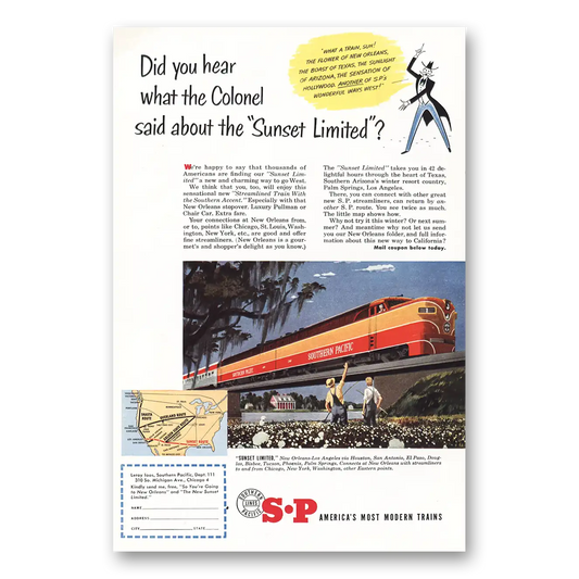 1951 Southern Pacific Colonel Sunset Limited Vintage Magazine Print Ad