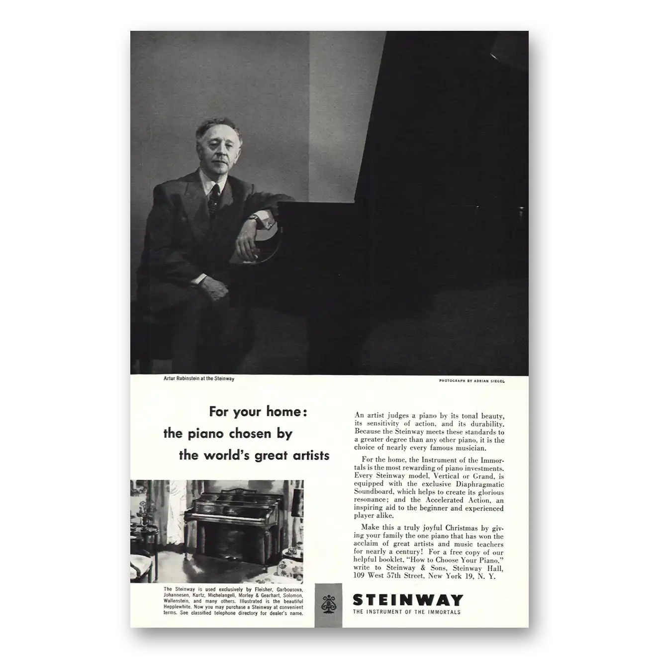 1951 Steinway Piano Artur Rubinstein Vintage Magazine Print Ad