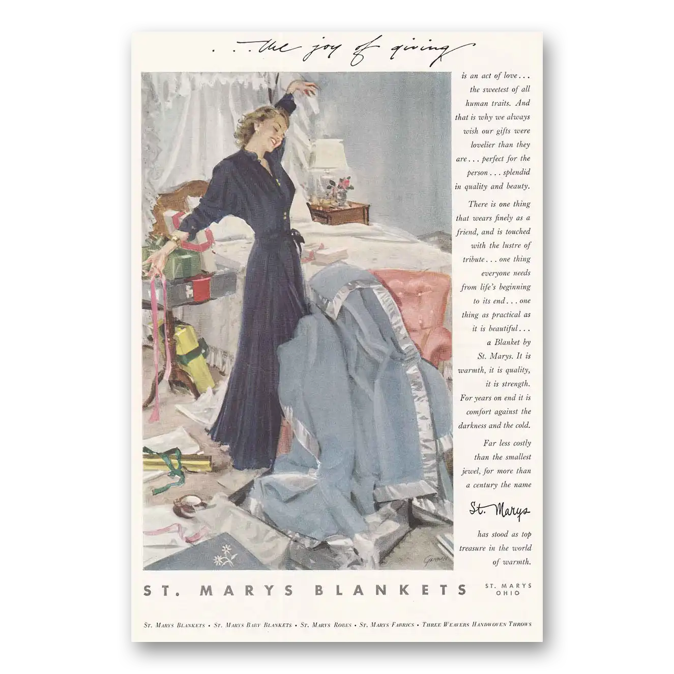 1951 St Marys Blankets Joy of Giving Vintage Magazine Print Ad