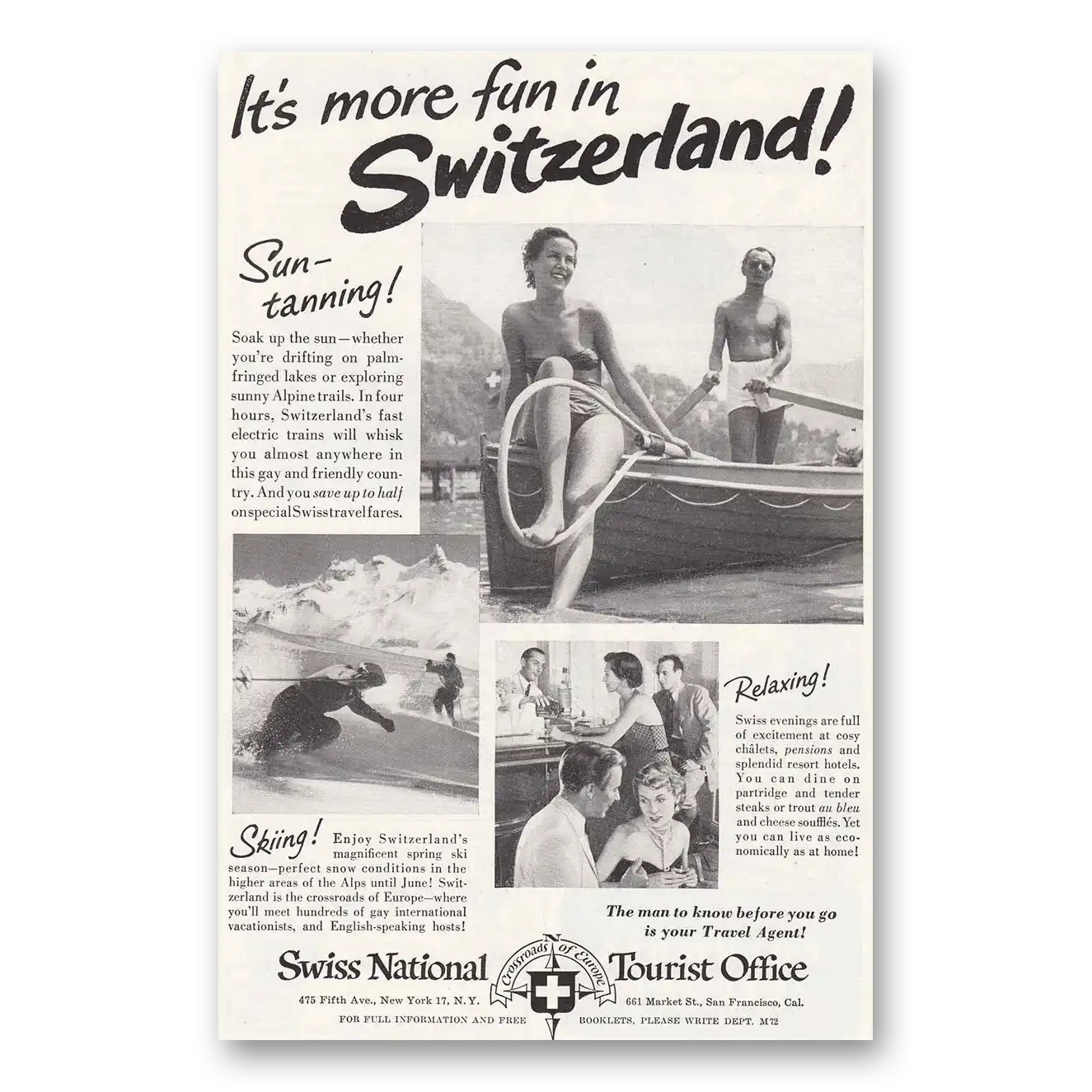 1951 Switzerland Suntanning Skiing Relaxing Vintage Magazine Print Ad