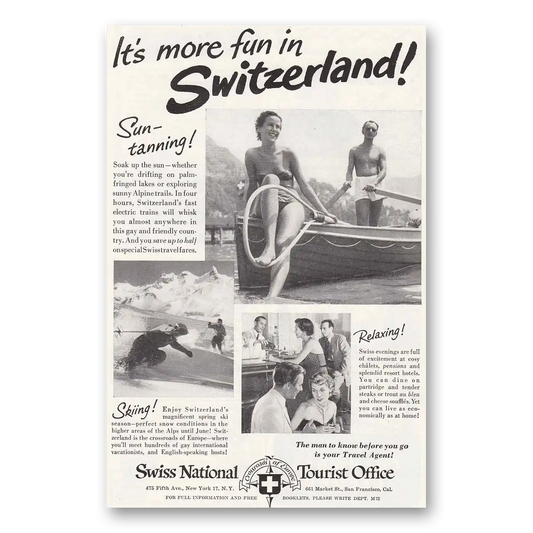 1951 Switzerland Suntanning Skiing Relaxing Vintage Magazine Print Ad