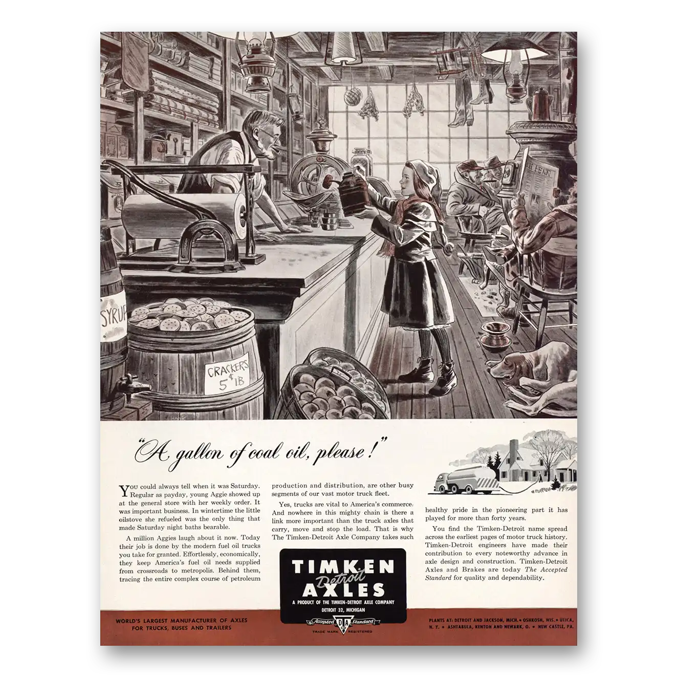 1951 Timken Roller Bearings Detroit Axles Gallon of Coal Oil Please Vintage Magazine Print Ad