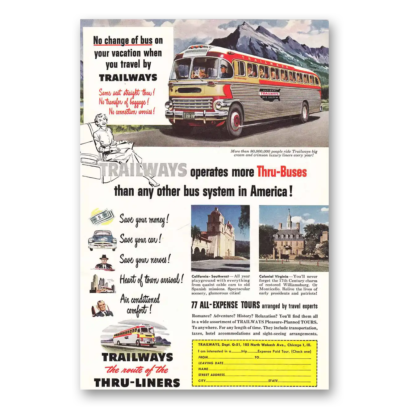 1951 Trailways No Change of Bus Vintage Magazine Print Ad