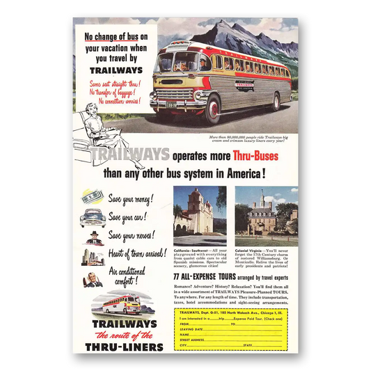 1951 Trailways No Change of Bus Vintage Magazine Print Ad