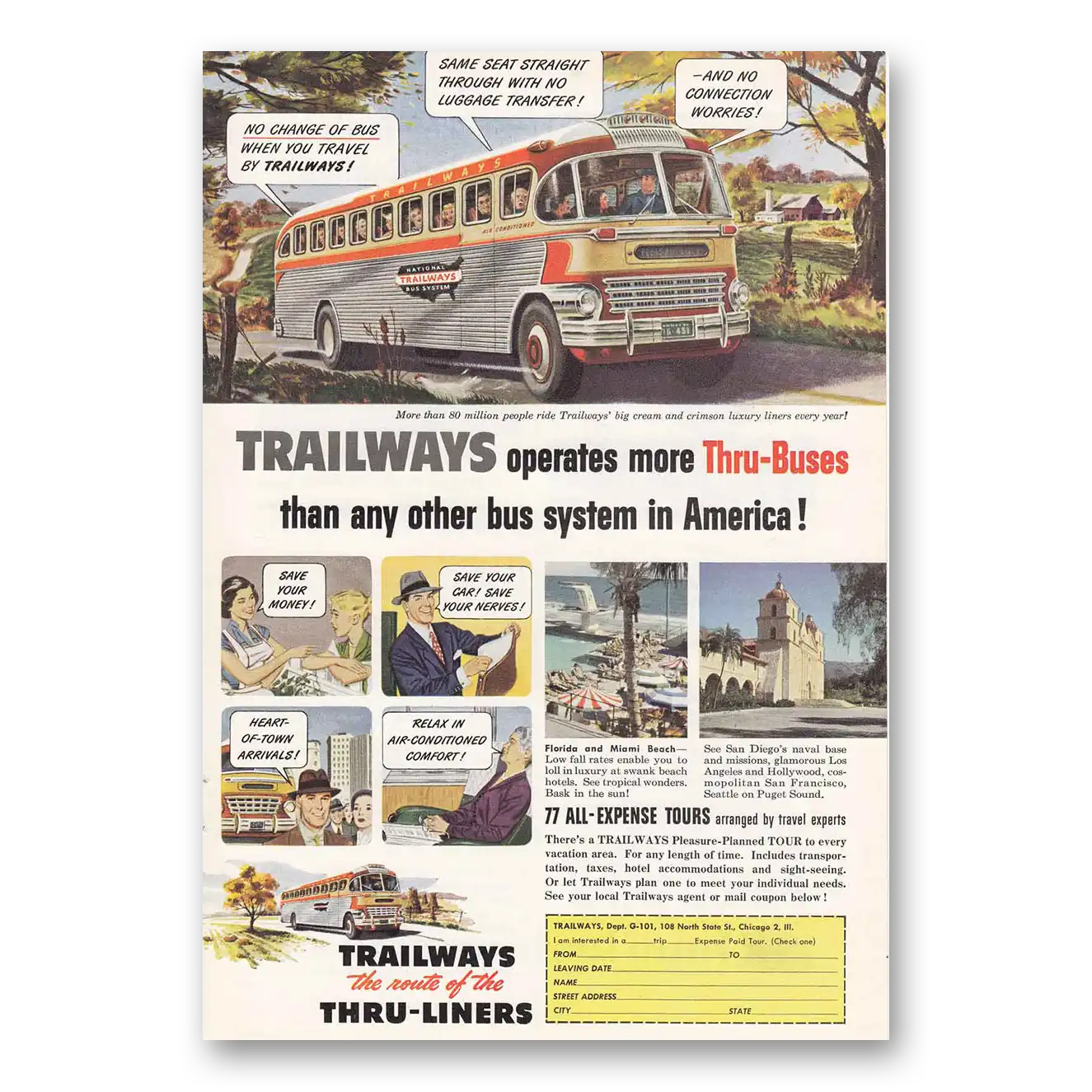 1951 Trailways Operates More Thru Buses Vintage Magazine Print Ad