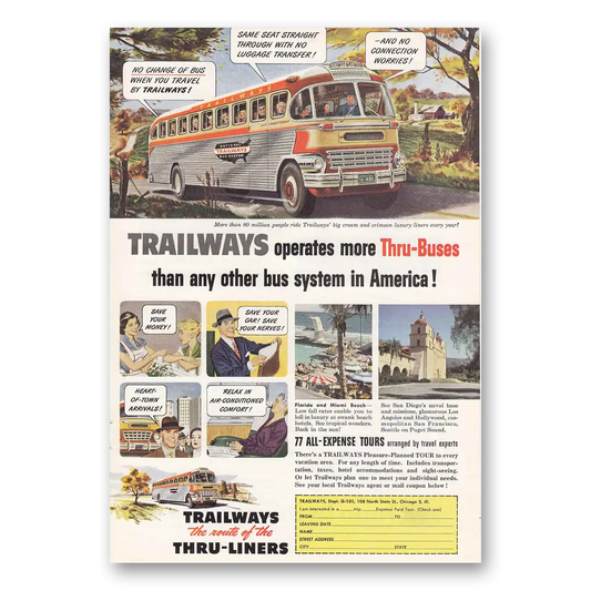 1951 Trailways Operates More Thru Buses Vintage Magazine Print Ad