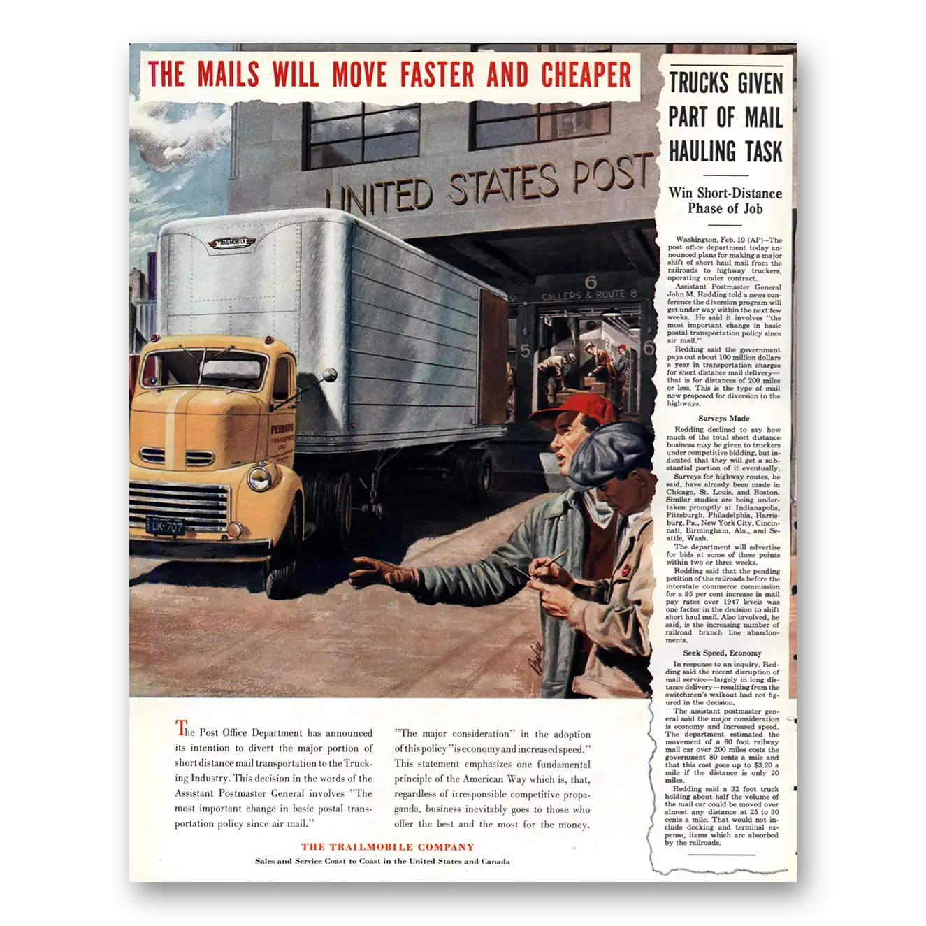 1951 Trailmobile Mails Will Move Faster and Cheaper Vintage Magazine Print Ad