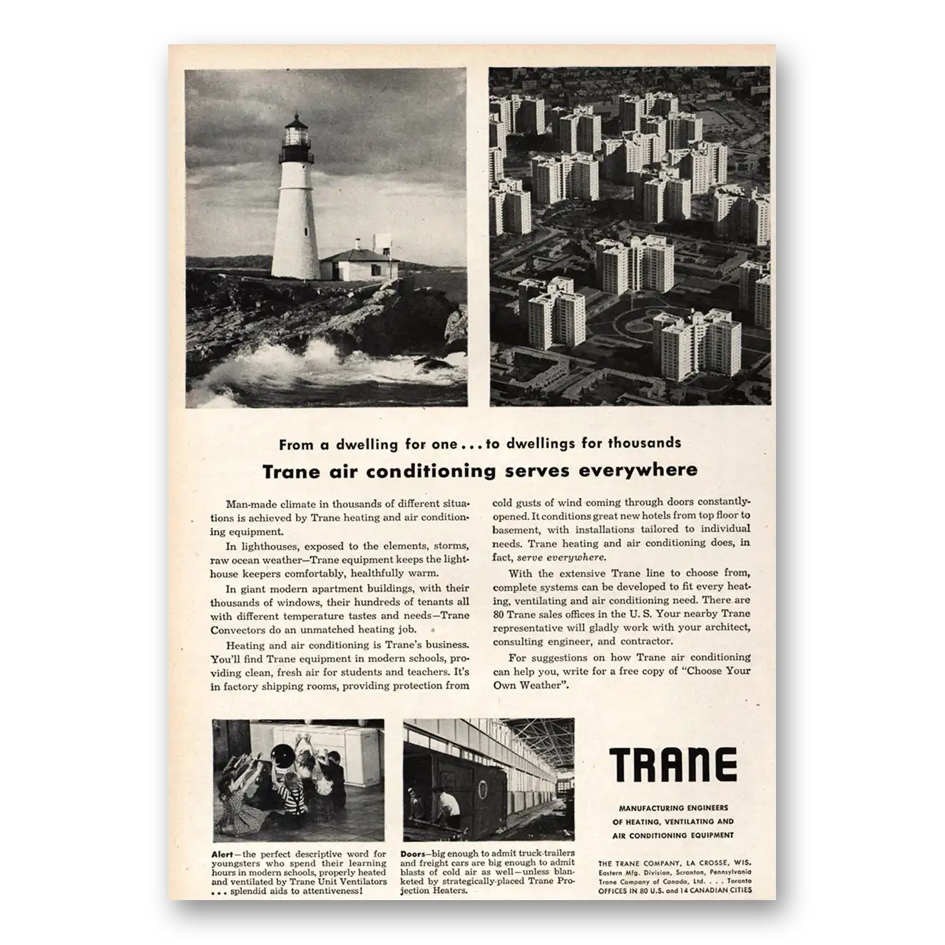 1951 Trane Air Condioning Dwelling for One to Dwelling Thousands Vintage Magazine Print Ad