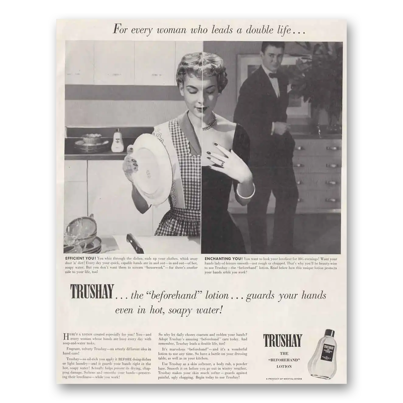 1950 Trushay Lotion Lotion Every Woman Who Leads a Double Life Vintage Magazine Print Ad