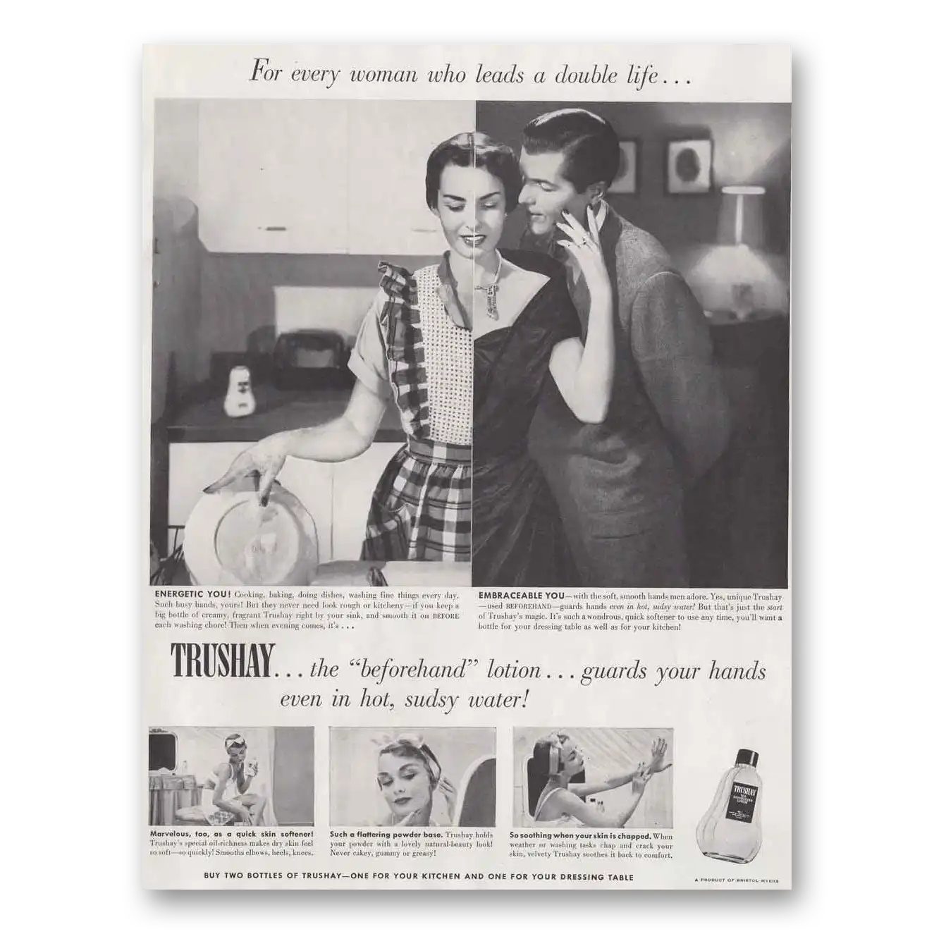 1951 Trushay Lotion Trushay Lotion Woman Who Leads a Double Life Vintage Magazine Print Ad