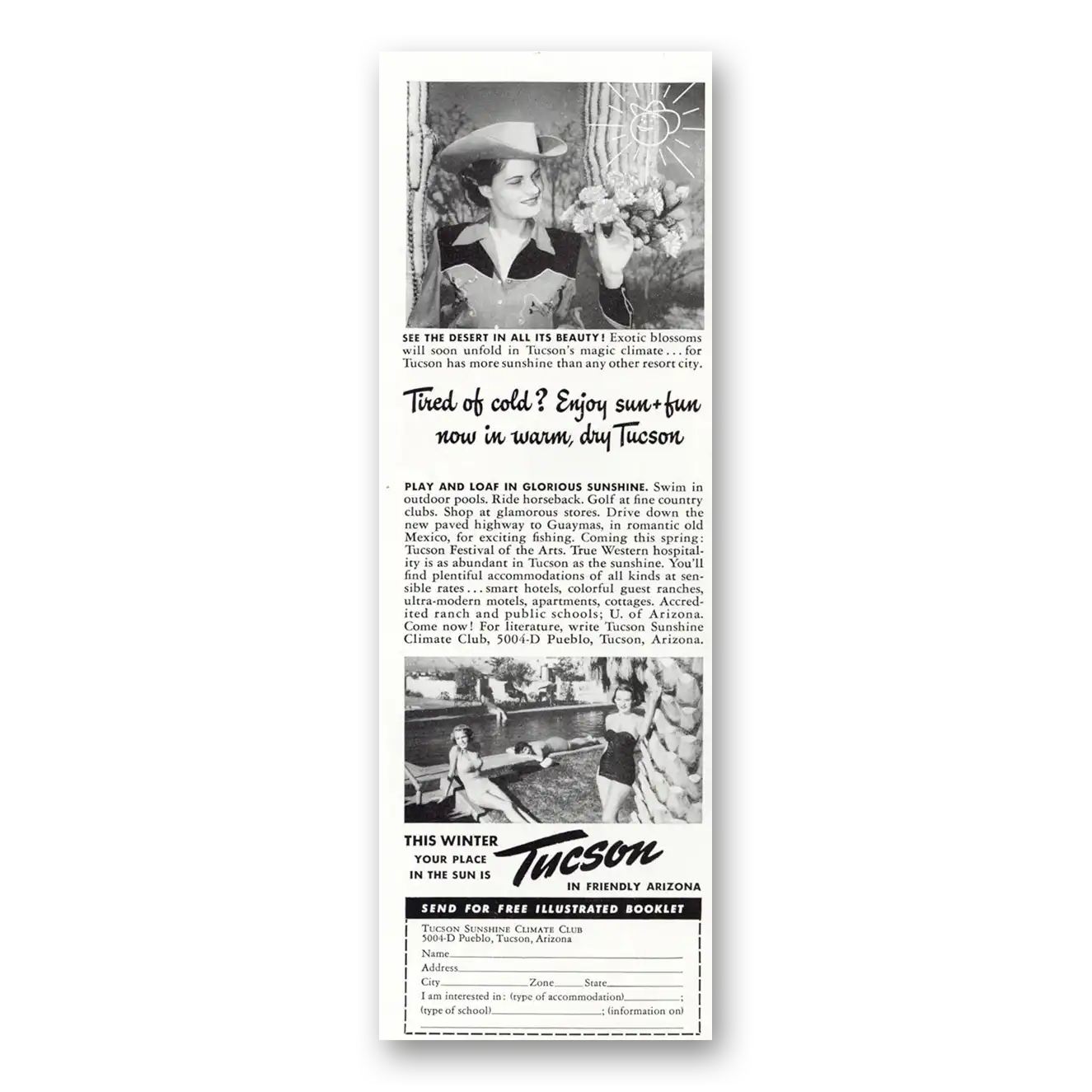 1951 Tucson Arizona Tired of Cold Enjoy Sun Fun Vintage Magazine Print Ad