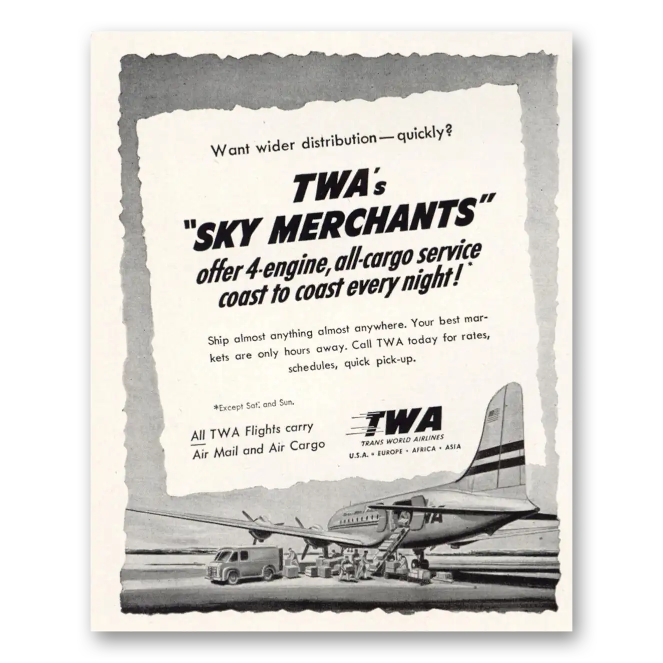 1951 TWA Airlines Sky Merchants 4 Engine All Cargo Service Vintage Magazine Print Ad