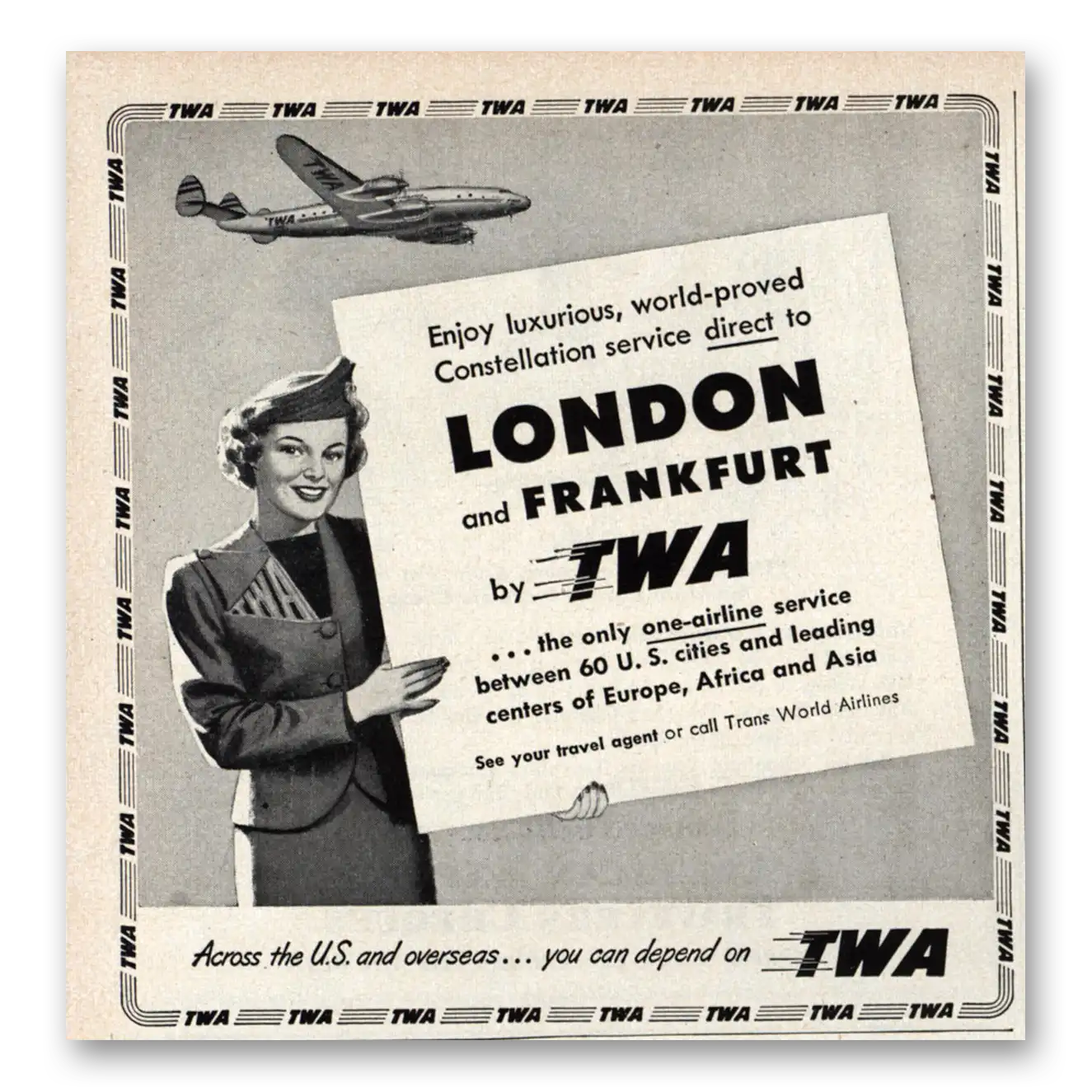 1951 TWA Airlines London and Frankfurt Vintage Magazine Print Ad