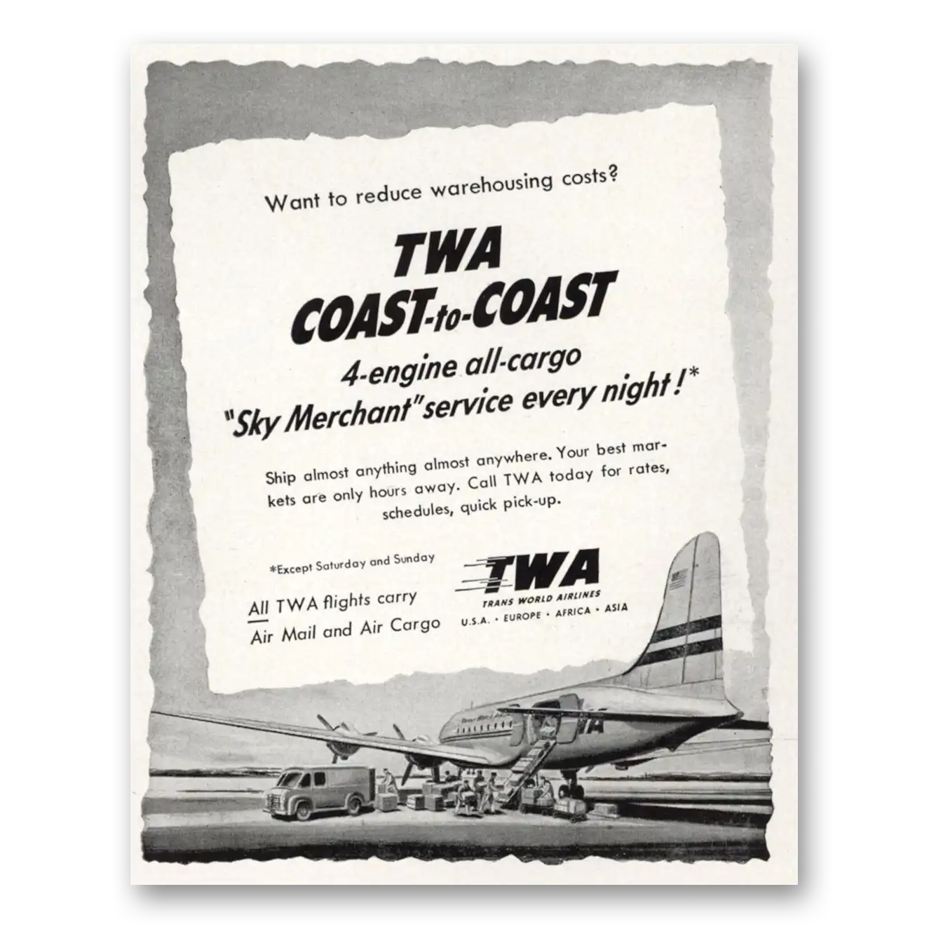 1951 TWA Airlines Coast to Coast 4 Engine All Cargo Vintage Magazine Print Ad