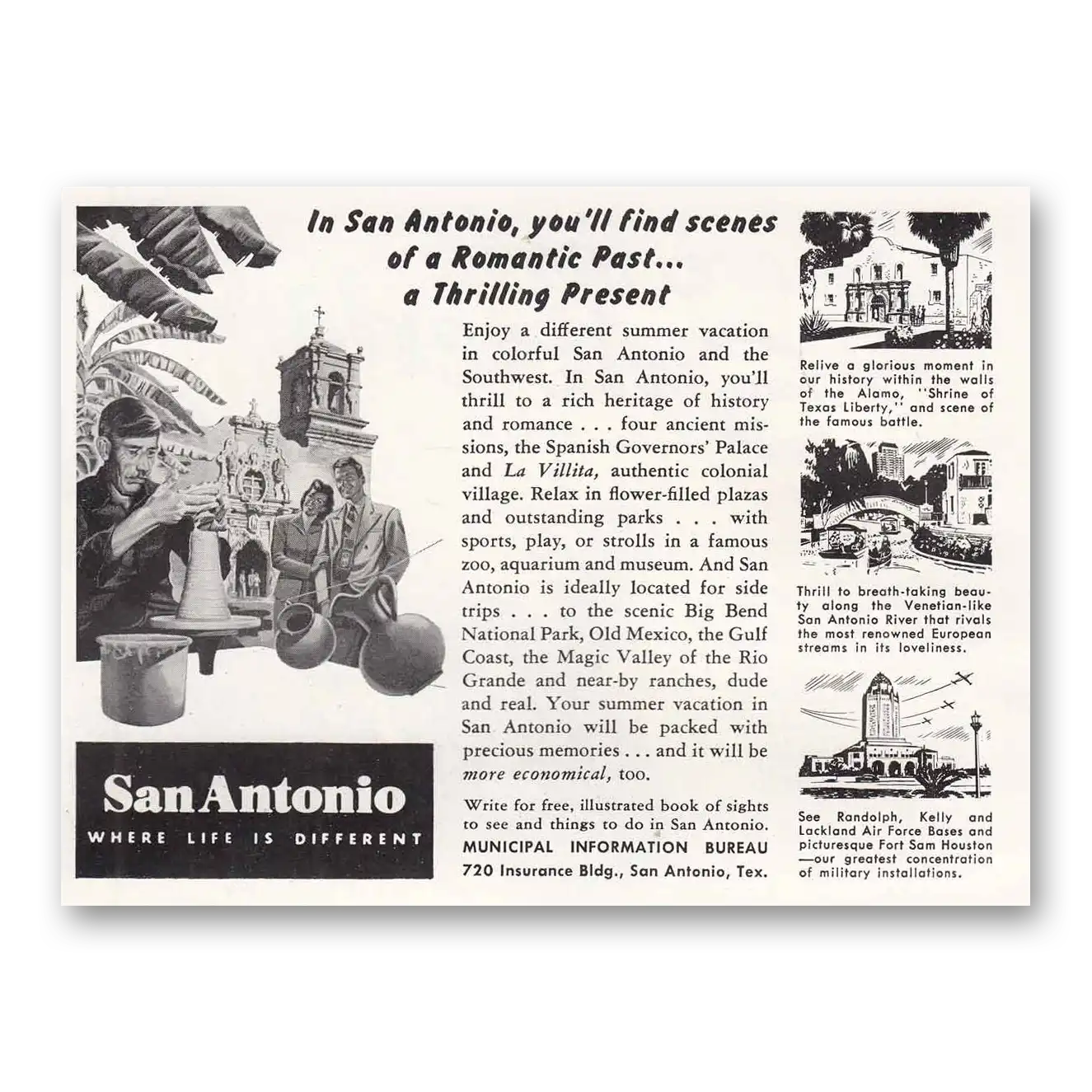 1951 San Antonio Texas Romantic Past Thrilling Present Vintage Magazine Print Ad