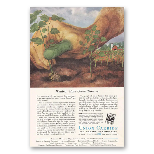 1951 Union Carbide Wanted More Green Thumbs Vintage Magazine Print Ad