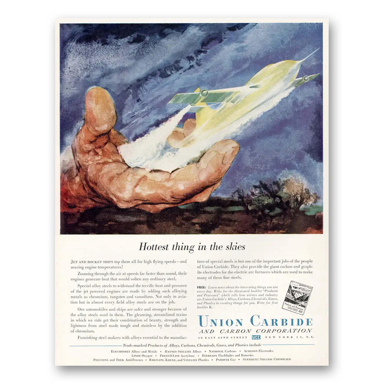 1951 Union Carbide Hottest Thing In the Skies Vintage Magazine Print Ad