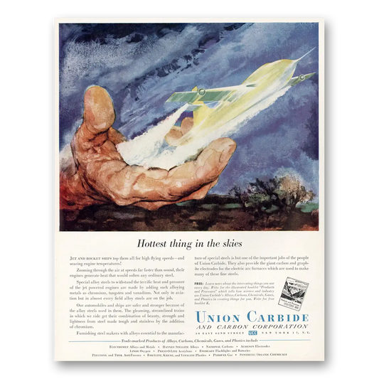 1951 Union Carbide Hottest Thing In the Skies Vintage Magazine Print Ad