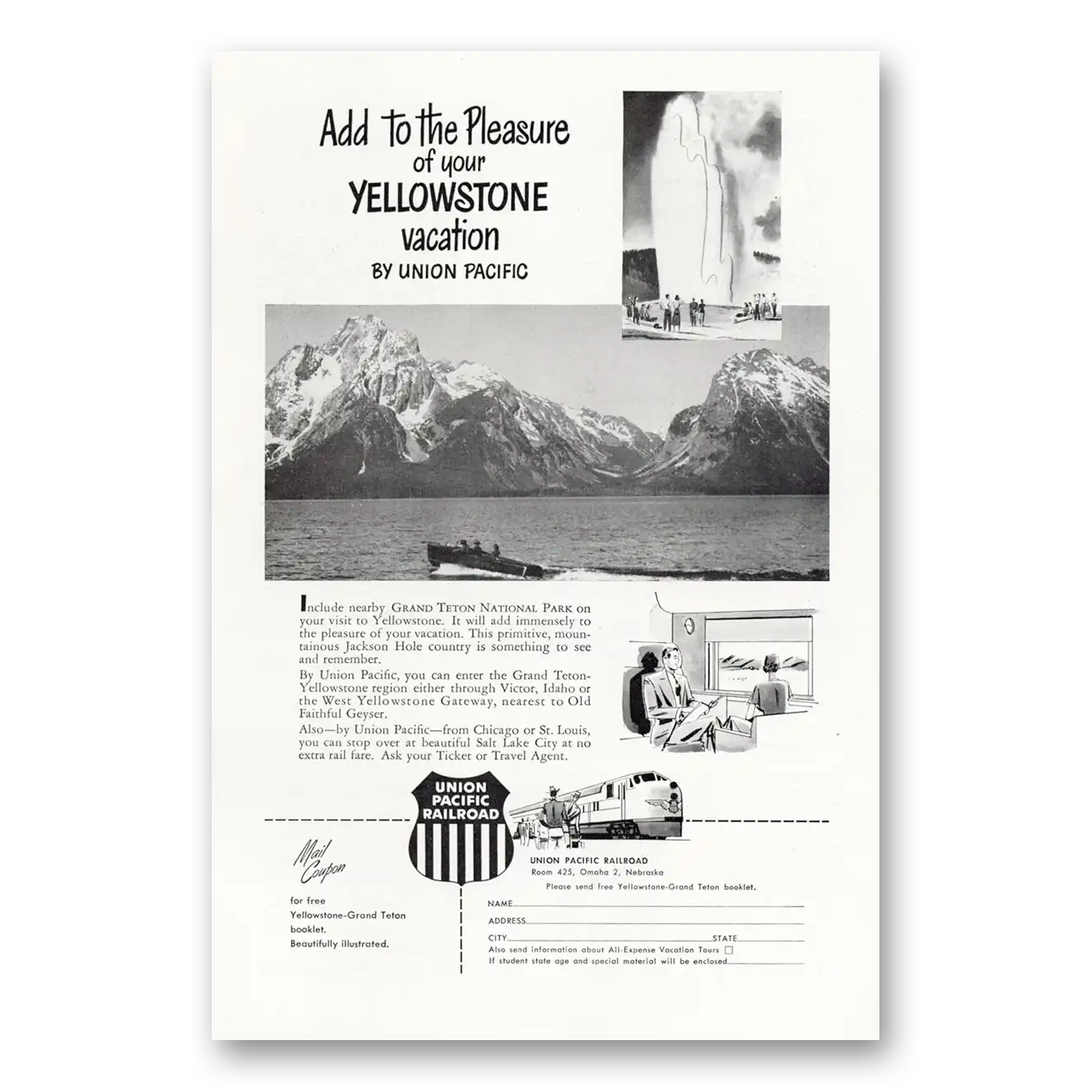 1951 Union Pacific Railroad Yellowstone Vacation Vintage Magazine Print Ad