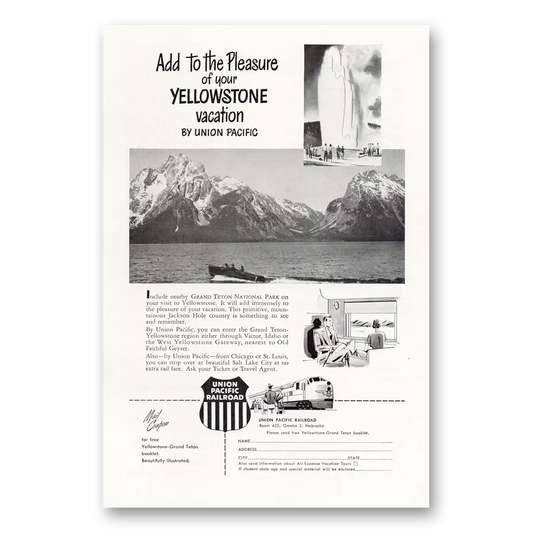 1951 Union Pacific Railroad Yellowstone Vacation Vintage Magazine Print Ad