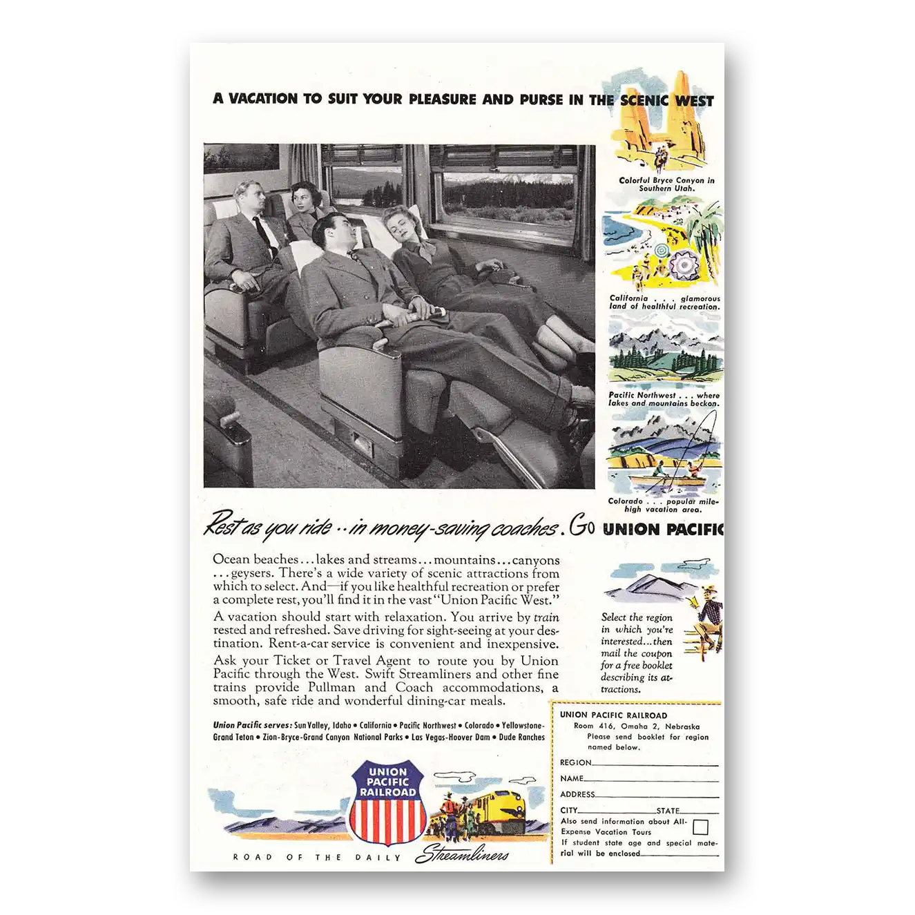 1951 Union Pacific Railroad Rest as You Ride Vintage Magazine Print Ad