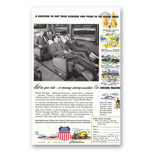 1951 Union Pacific Railroad Rest as You Ride Vintage Magazine Print Ad