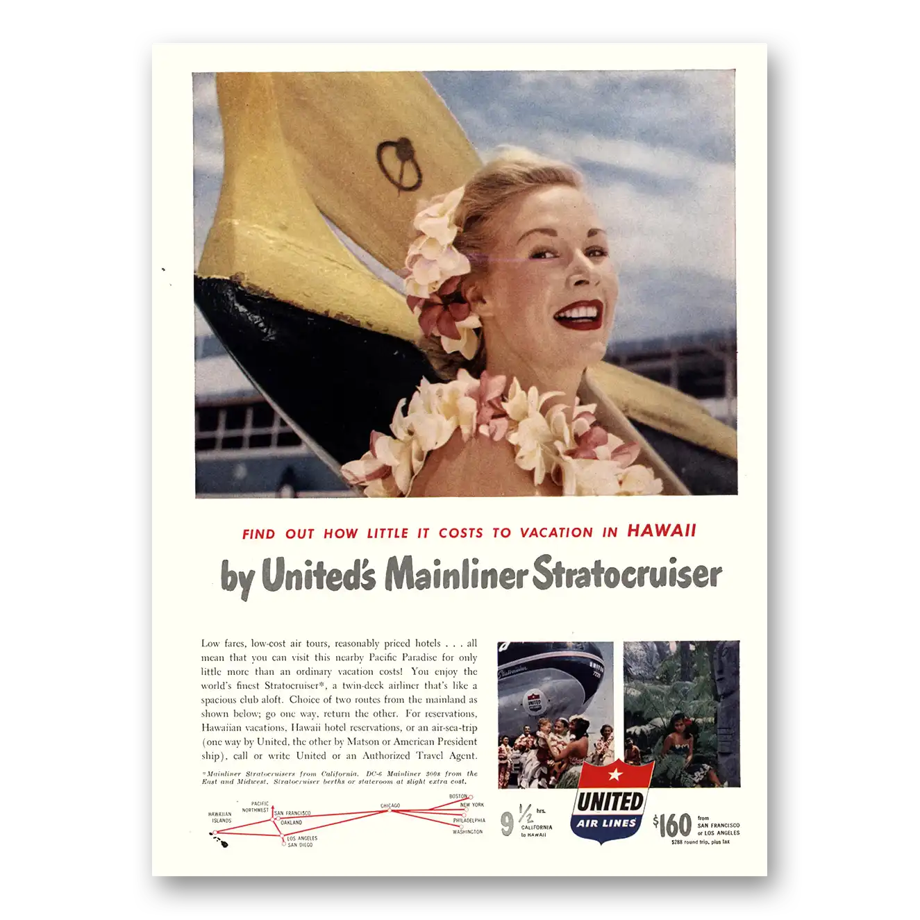 1951 United Airlines Mainliner Stratocruiser Hawaii Vintage Magazine Print Ad