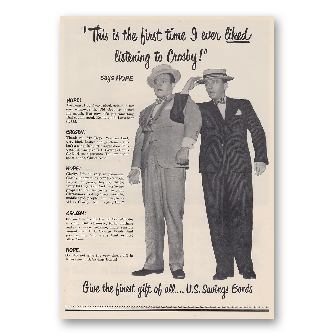 1951 United States Savings Bonds First Time I Ever Liked Listening to Crosby Bob Hope Vintage Magazine Print Ad