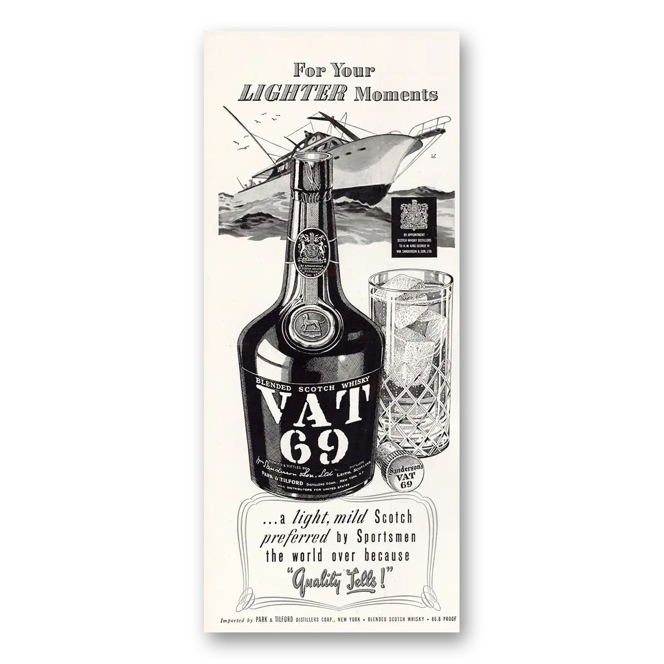 1951 VAT69 Lighter Moments Yacht Vintage Magazine Print Ad