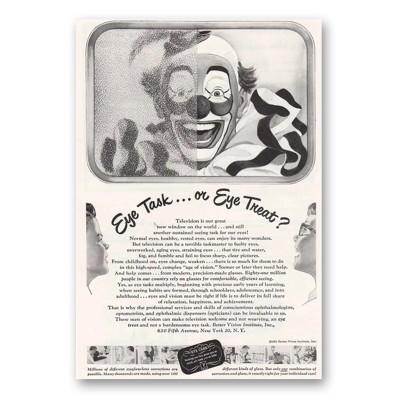 1951 Better Vision Institute Eye Task or Eye Treat Clown Vintage Magazine Print Ad