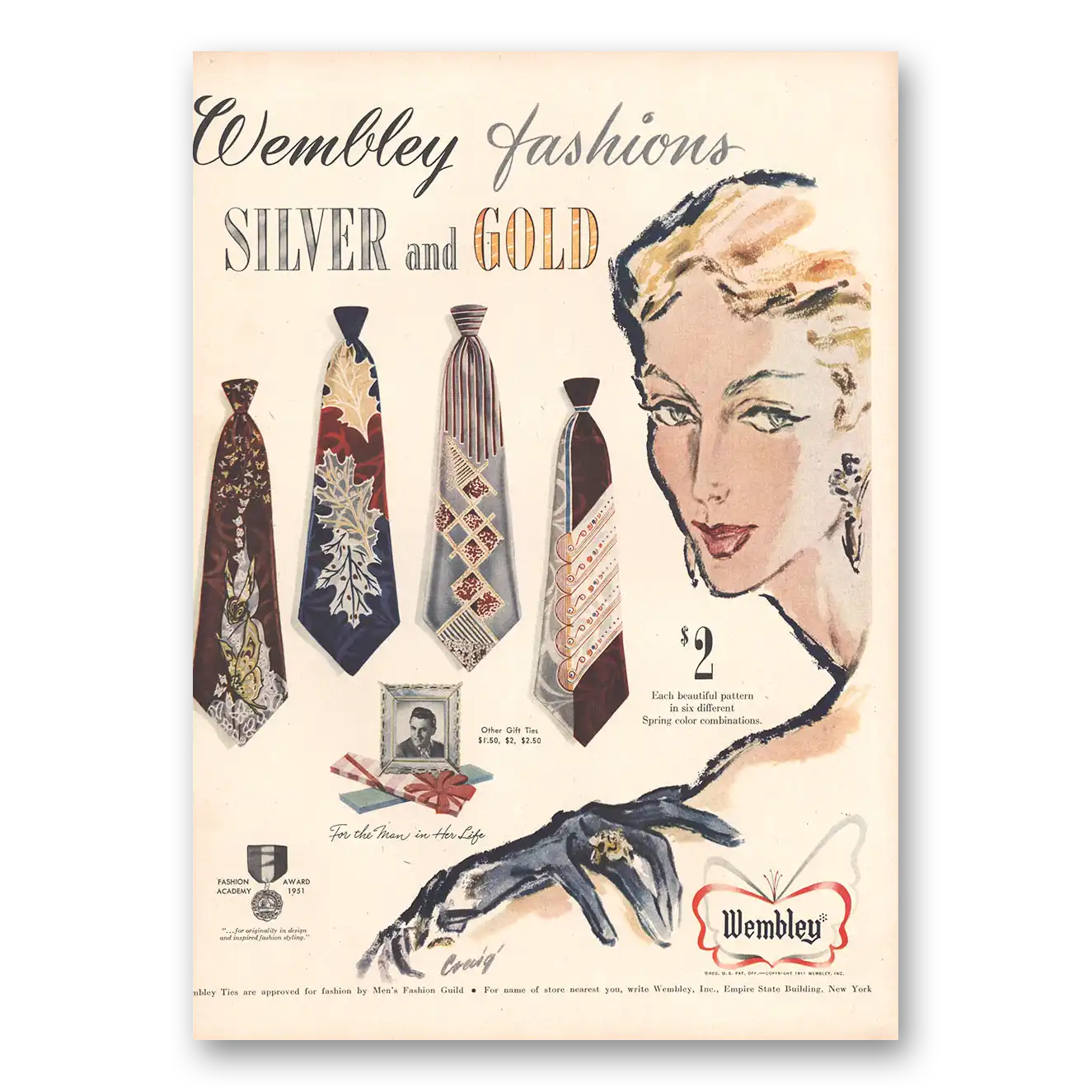 1951 Wembley Ties Fashions Ties Silver and Gold Vintage Magazine Print Ad