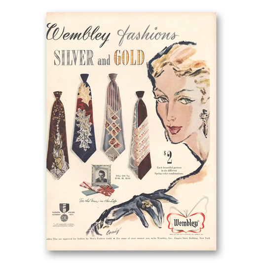 1951 Wembley Ties Fashions Ties Silver and Gold Vintage Magazine Print Ad