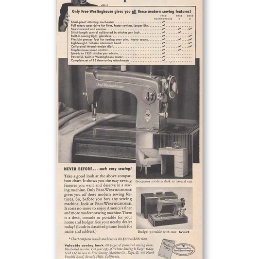 1951 Free Westinghouse Sewing Machine Compare Them All Vintage Magazine Print Ad