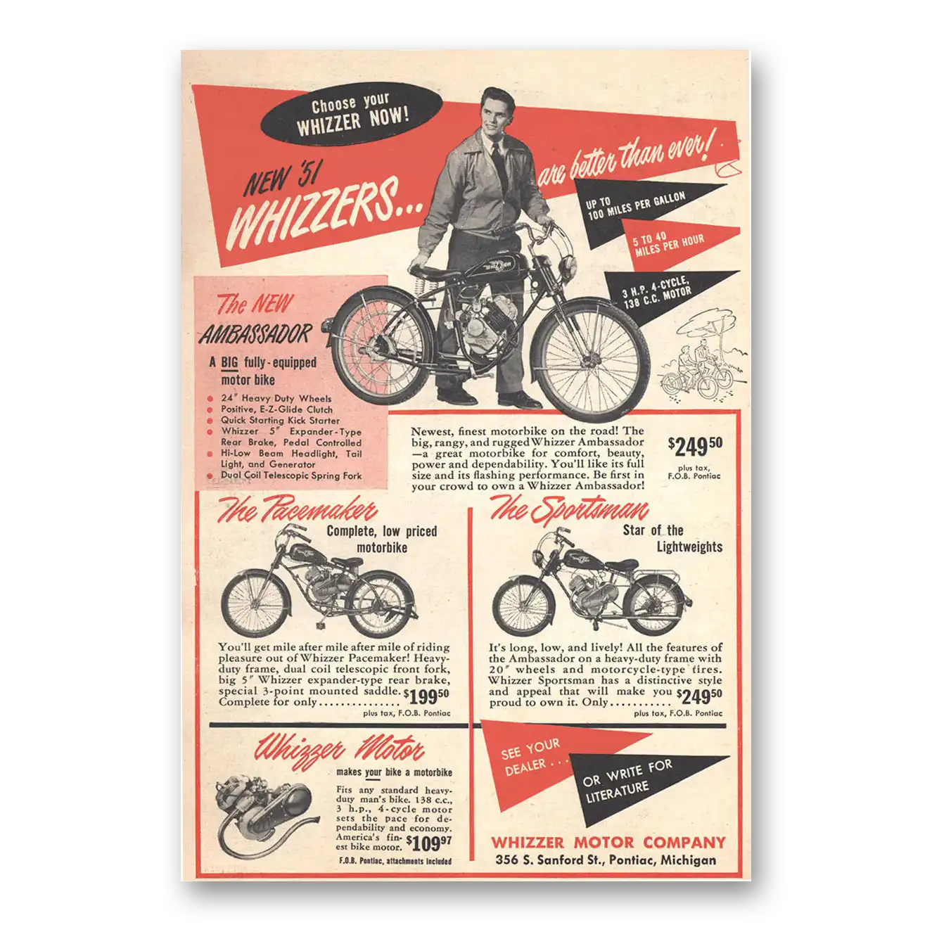 1951 Whizzer Motorbike Ambassador Pacemaker Sportsman Vintage Magazine Print Ad