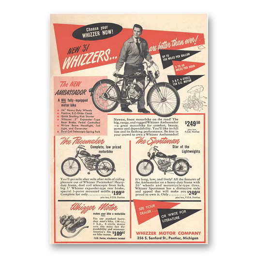 1951 Whizzer Motorbike Ambassador Pacemaker Sportsman Vintage Magazine Print Ad