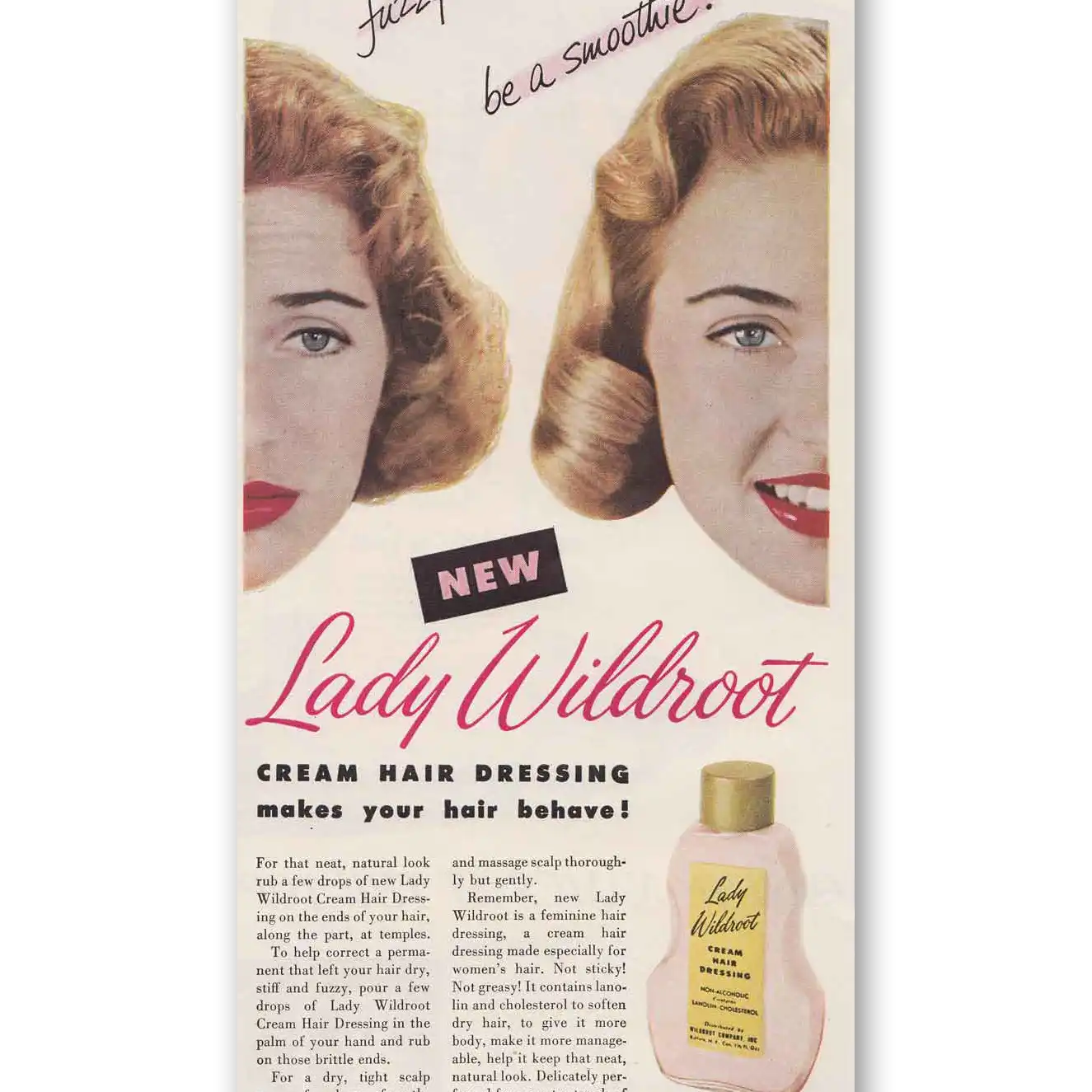 1951 Lady Wildroot Cream Hair Dressing Fuzzy Wuzzy Vintage Magazine Print Ad