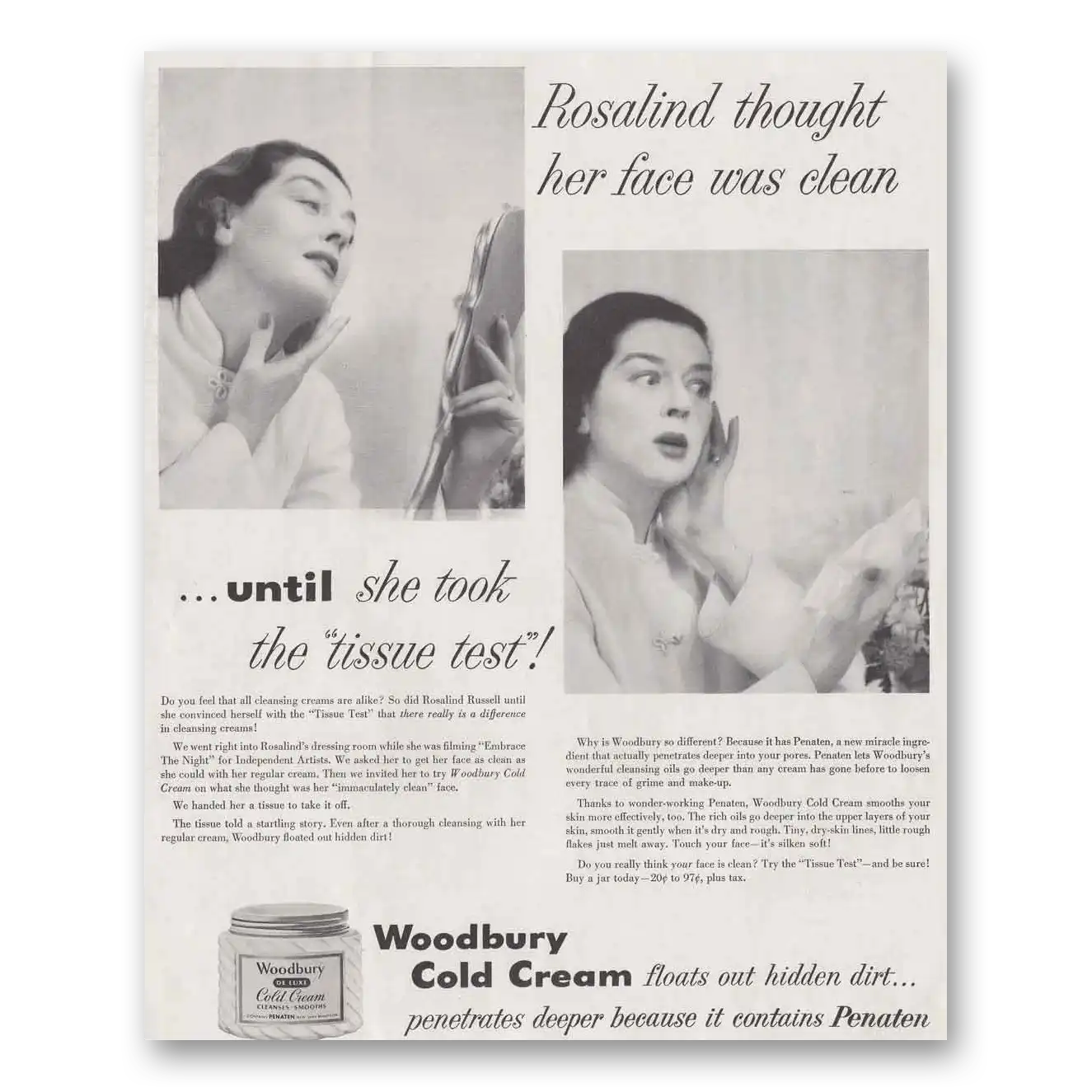 1951 Woodbury Cold Cream Rosalind Russell Vintage Magazine Print Ad