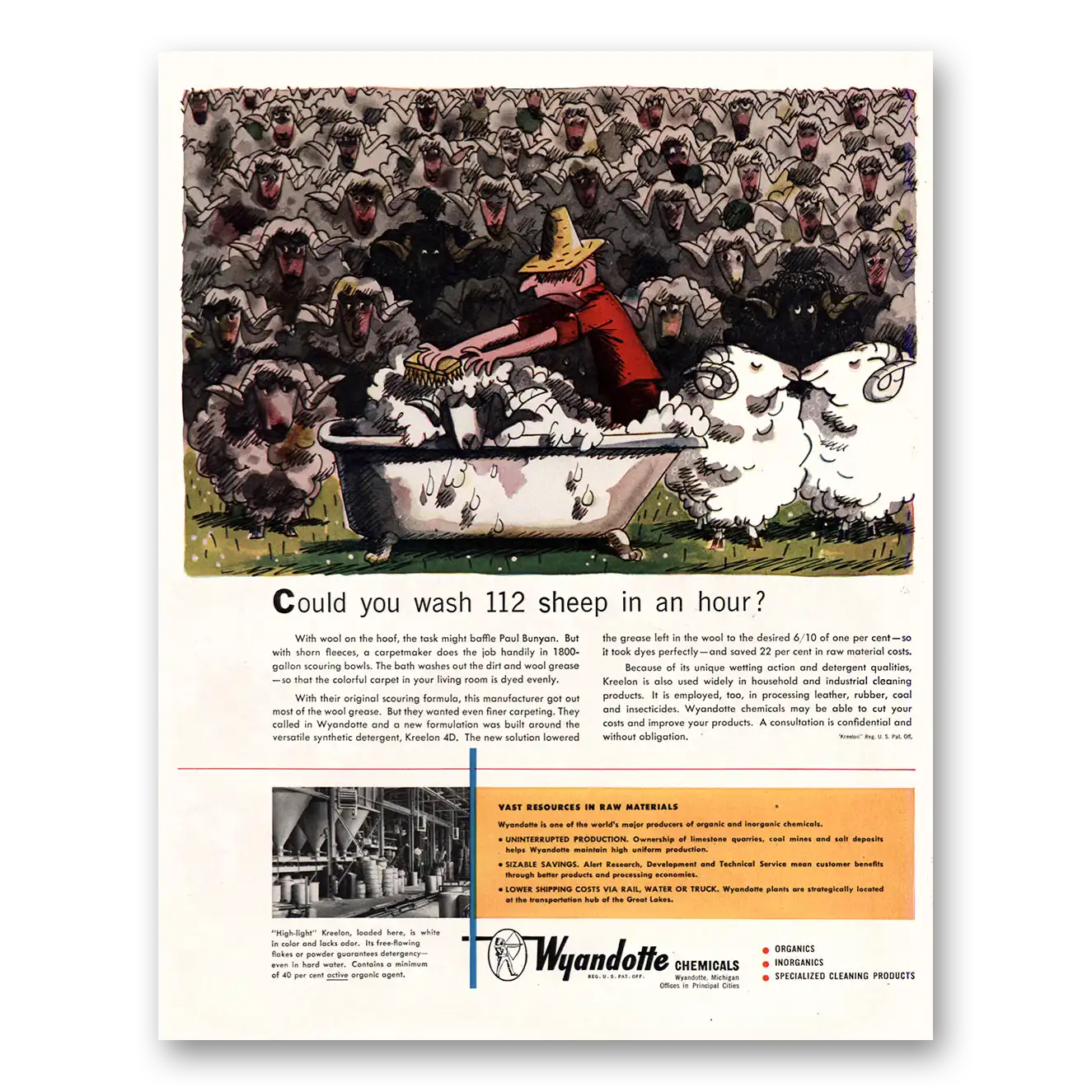 1951 Wyandotte Chemicals Wash 112 Sheep In Hour Vintage Magazine Print Ad