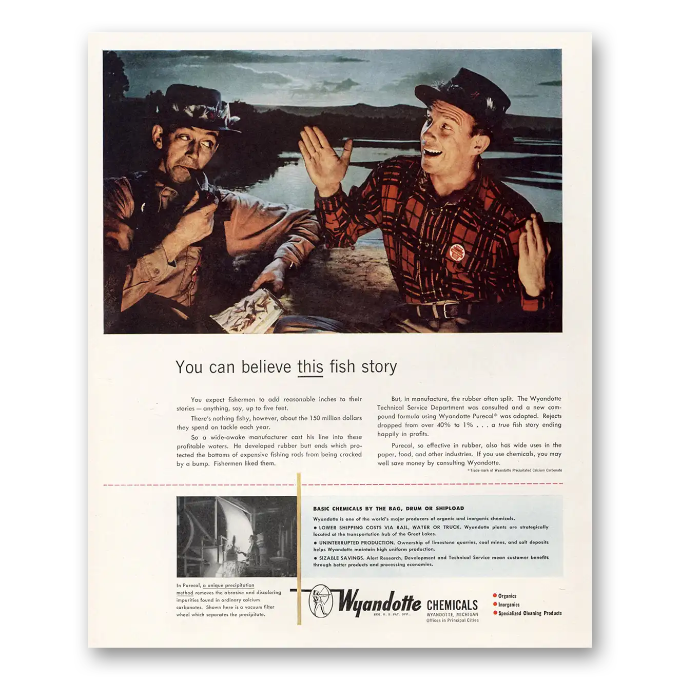 1951 Wyandotte Chemicals You Can Believe This Fish Story Vintage Magazine Print Ad