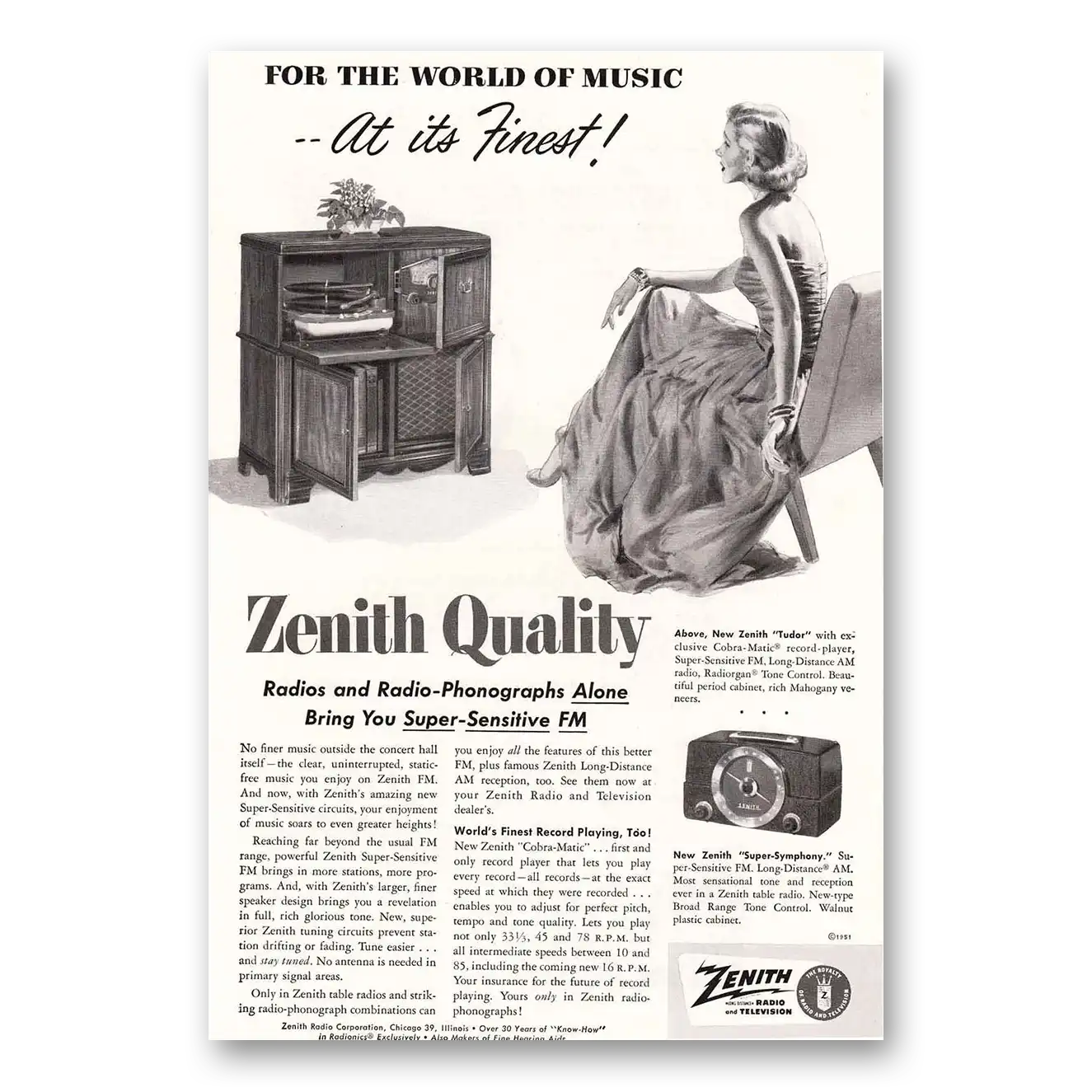 1951 Zenith Stereo Phonograph Super Sensitive FM Vintage Magazine Print Ad