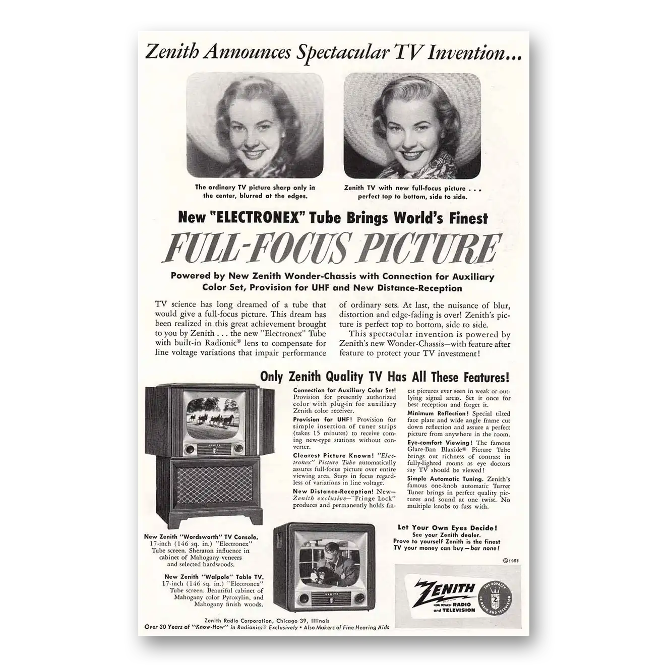 1951 Zenith Television Electronex Tube Vintage Magazine Print Ad