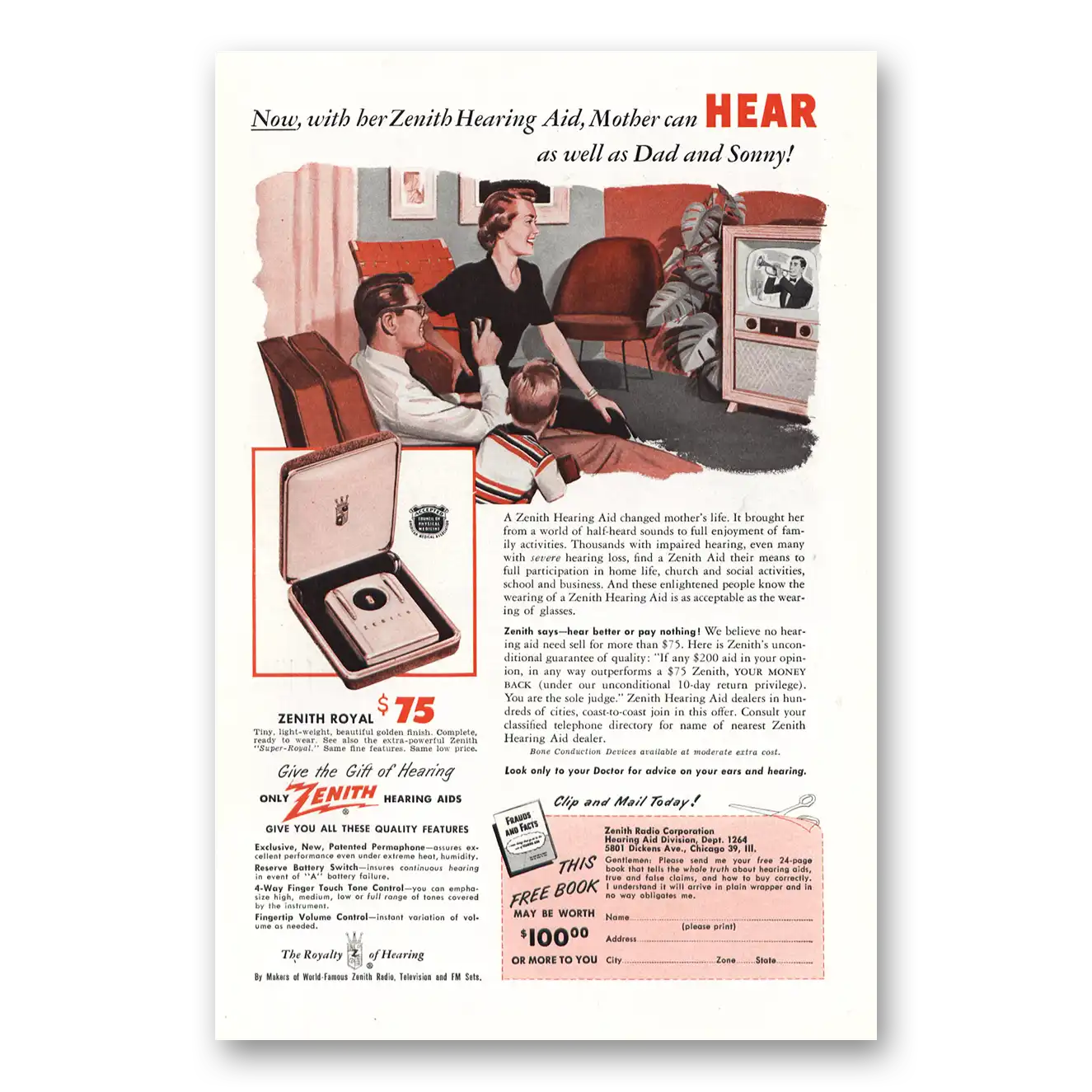 1951 Zenith Hearing Aid Mother Can Hear As Well As Dad and Sonny Vintage Magazine Print Ad