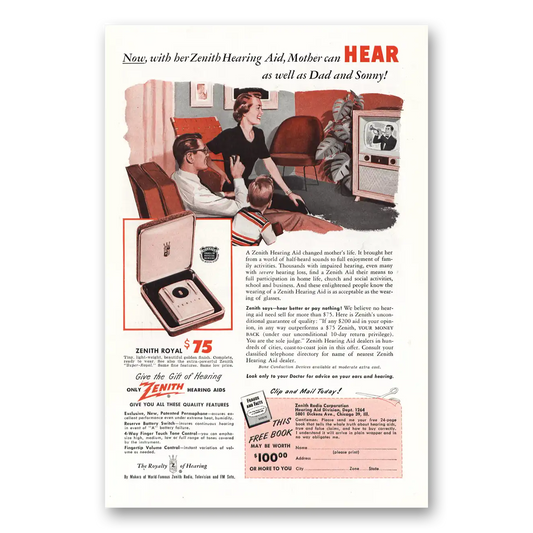 1951 Zenith Hearing Aid Mother Can Hear As Well As Dad and Sonny Vintage Magazine Print Ad