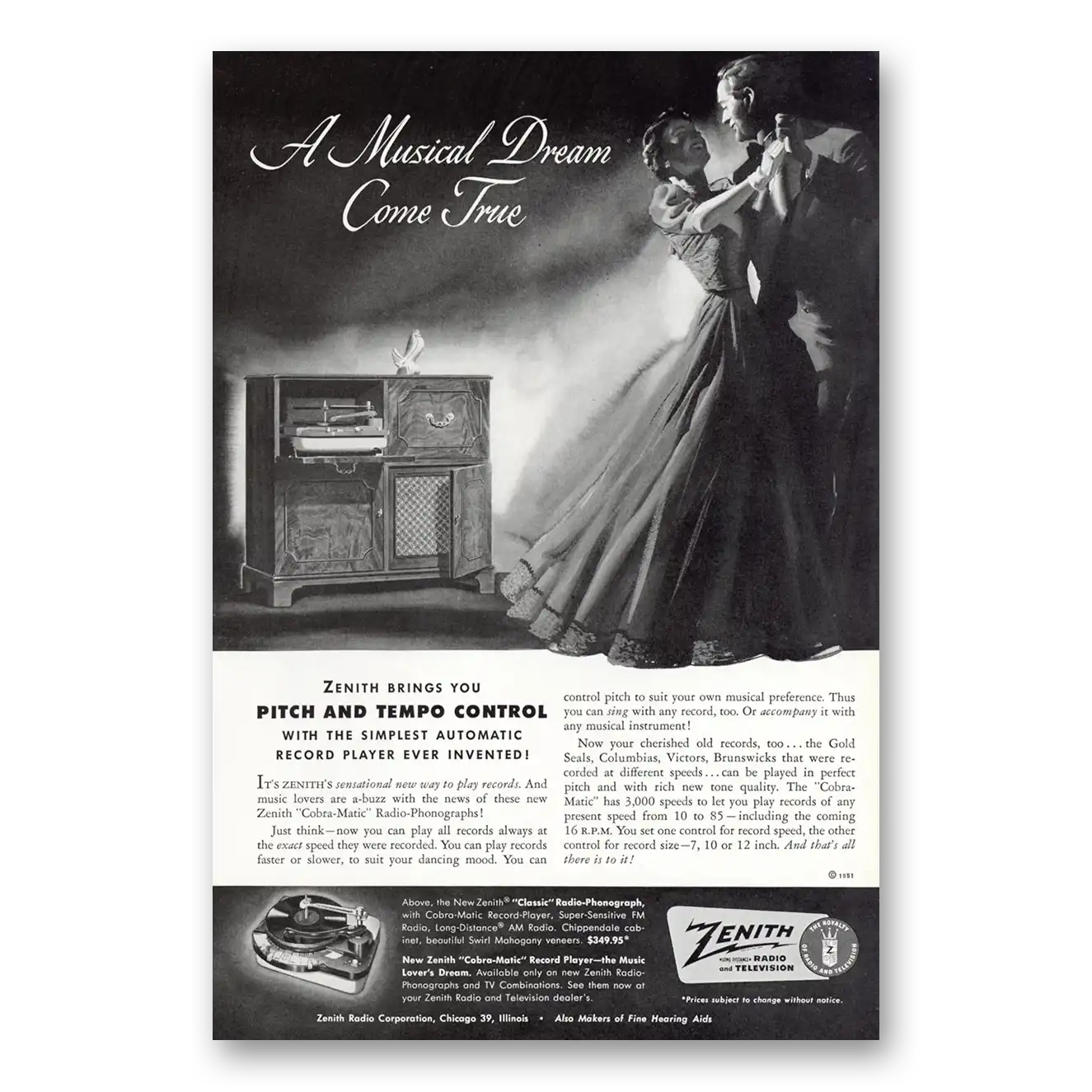 1951 Zenith Stereo Musical Dream Come True Vintage Magazine Print Ad