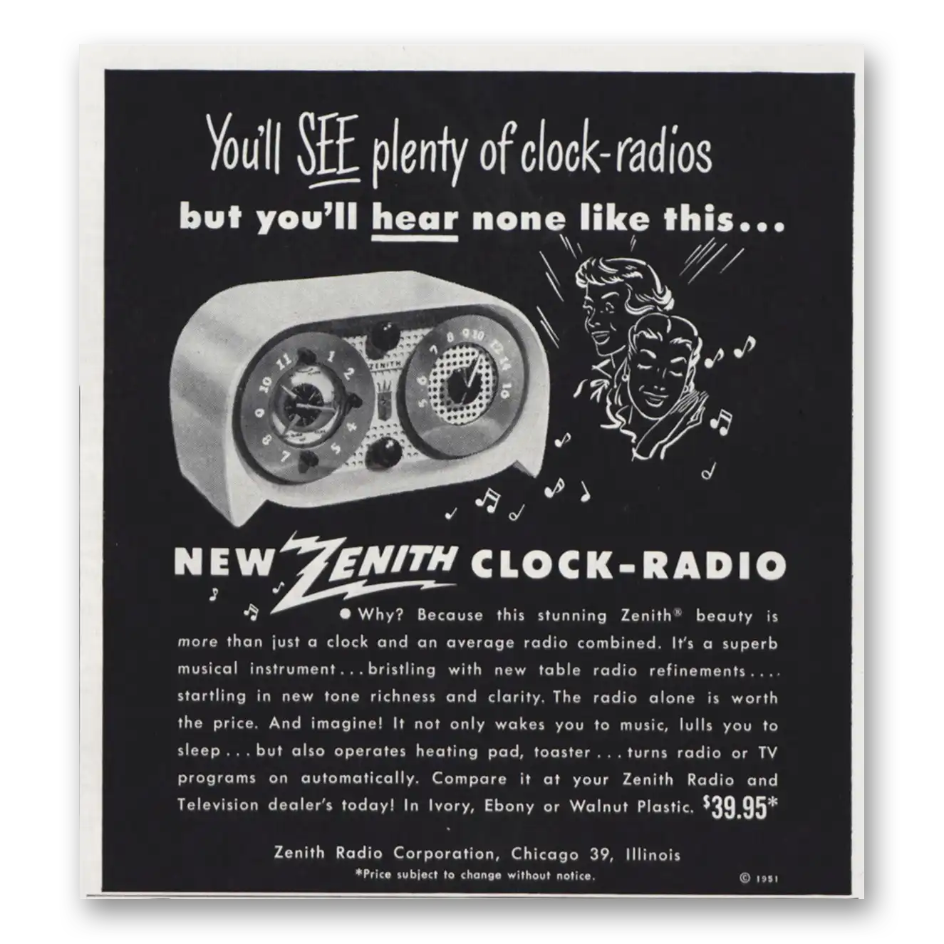 1951 Zenith Radio Clock Radio Youll Hear None Like This Vintage Magazine Print Ad