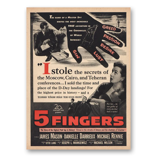 1952 5 Fingers Promo James Mason Vintage Magazine Print Ad