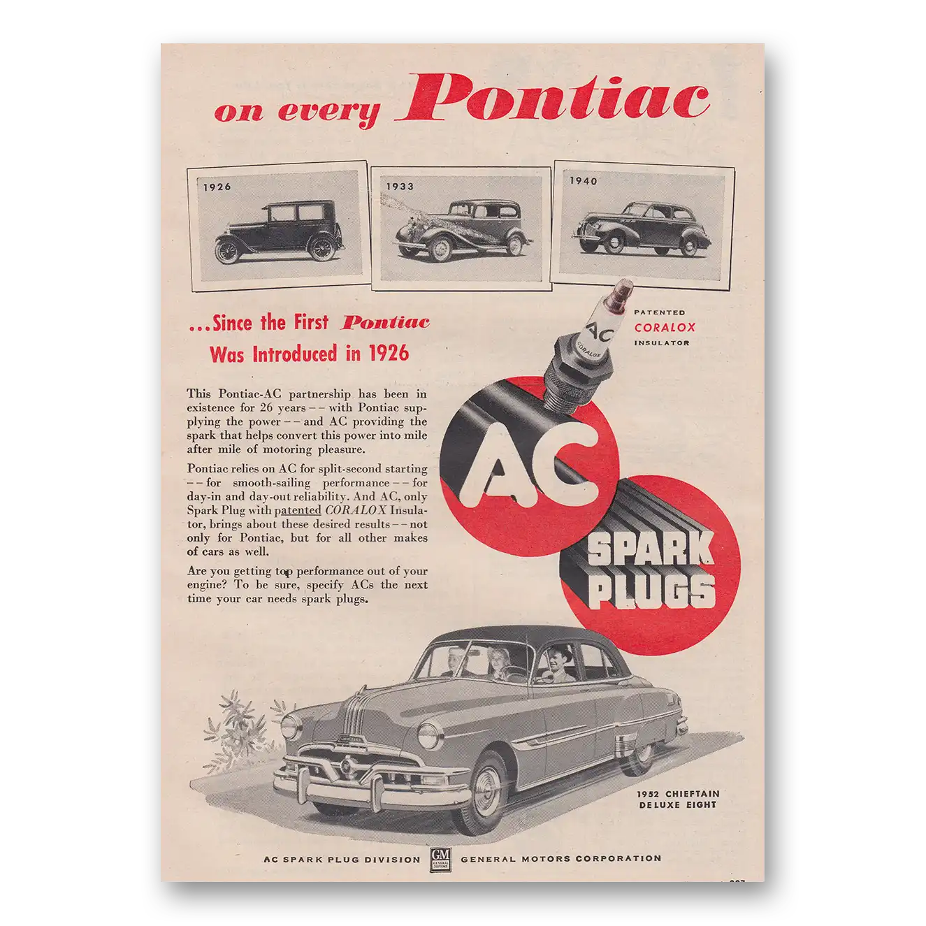 1952 AC Spark Plugs On Every Pontiac Since the First Vintage Magazine Print Ad