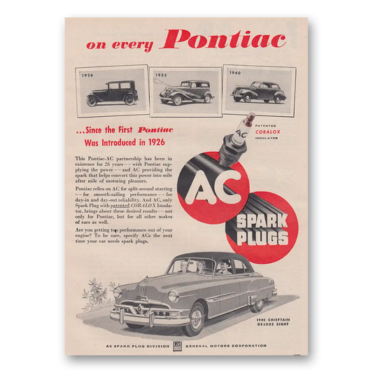 1952 AC Spark Plugs On Every Pontiac Since the First Vintage Magazine Print Ad